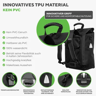 Produktbild von BRONEA 3 in 1 Fahrradtasche SCHWARZ - PVC-frei - 100% Wasserdicht- 28L - Kombi Rucksack & Umhängetasche - Gepäckträgertasche Fahrrad - Laptoptasche - Schnellmontage an Gepäckträger