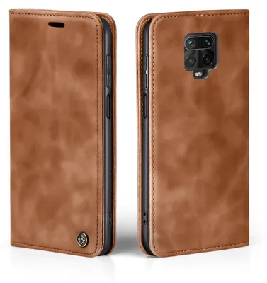 A brown leather flip case for a smartphone, shown from the front and back.