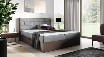 Produktbild von Boxspringbett Bett BEILA 200x200cm Dunkel Eiche Stoff Grau inkl. Bettkasten