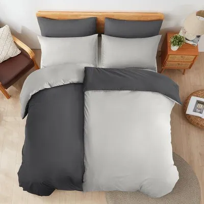 Productafbeelding van Ibenzoa® katoenen beddengoedset, 200 x 200 cm + 2 x 80 x 80 cm – zacht en ademend, huidvriendelijk, met rits, hypoallergeen, wasbaar tot 60 °C, grijs/zwart/blauw