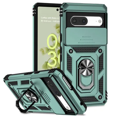 Immagine prodotto di Custodia per Google Pixel 7 Pro a doppio strato con copertura scorrevole della fotocamera e supporto ad anello verde
