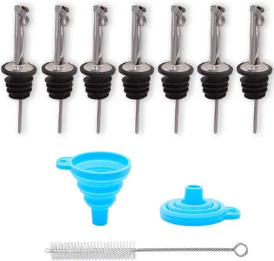 Produktbild von Edelstahl-Ausgießer mit Klappdeckel und Trichter – Set mit 7 Stück – Ausgießeraufsätze für 3/4 Flaschen, auslaufsicher und mit schneller Ausgießfunktion – universell für Olivenöl