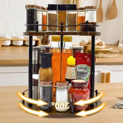 Image de Étagère rotative à 2 niveaux pour herbes aromatiques, pivotante à 360 degrés, avec hauteur réglable, en bois. Organisateur de cuisine pour herbes