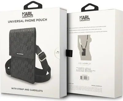 The image shows the packaging of a Karl Lagerfeld universal phone pouch.