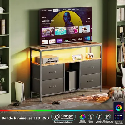 Produktbild von Multifunktionsmöbel-Kommode, TV-Kommode in Tigerfell-Farbpalette mit schwarzen Stoffschubladen, LED-Beleuchtung, Speicherschminktisch und Speicher-Küchenschrank,137cm