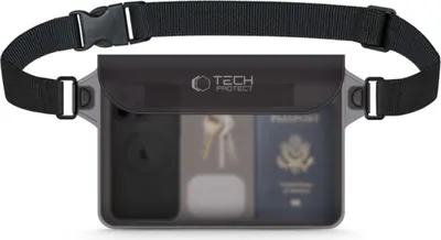 A black waterproof bag with a clear window, showing a phone, keys, and a passport inside, with a black strap around it.