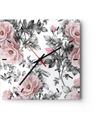 Produktbild von Wanduhr - Quadrat - Glasuhr - Blumen Blätter Pflanze Rose - 30x30cm - Schleichendes Uhrwerk - Lautlos - zum Aufhängen bereit - Dekoration Modern - Wanddekoration aus Glas - C3AC30x30-2952