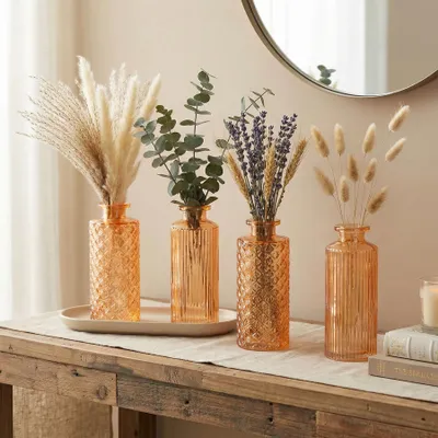 Produktbild von 4er Set Vase Orange H14cm Glas Blumenvase Tischdeko Frühling Blumendeko Glasvase Dekovase Flaschenvase Trockenblumen