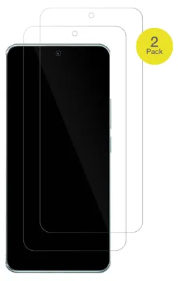 Two screen protectors are shown on a white background, with one placed on top of a smartphone.