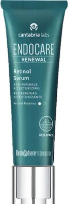 A product shot of a teal and silver tube of Endocare Renewal Retinol Serum.