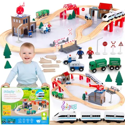 Image de Circuit de train - Train électrique - 378 cm - Bois - Avec pont et accessoires - À partir de 3 ans