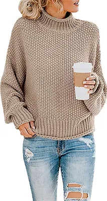 Produktbild von ASKSA Damen Strickpullover Einfarbig Rollkragenpullover Pullover Pulli Knit Sweatshirt, Khaki, M