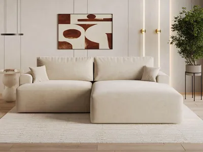 Produktbild von GrainGold Ecksofa L-Form Rechts Serene - Ecksofa mit Schlaffunktion und Bettkasten - Moderne Ecksofa, Wohnzimmer Ecksofa - Eckcouch Beige (Castel 15)