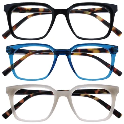 Produktbild von OPULIZE KOI Lesebrille 3er Pack - Große Rechteckige Brillenfassung - Schwarz-Blau-Grau - Damen Herren Uni - Federscharniere - RRR50-137 - +2.50