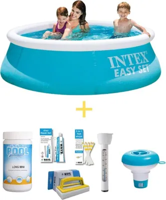 An Intex Easy Set Pool with various maintenance accessories.