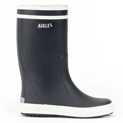 A single navy blue Aigle boot with white trim and sole, shown against a white background.