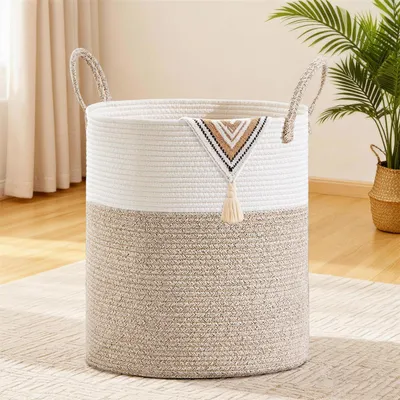 Image de Panier à linge rond tressé, 88 litres, marron et blanc, avec poignées en coton