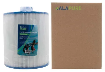 A pool and spa filter cartridge next to a brown cardboard box.