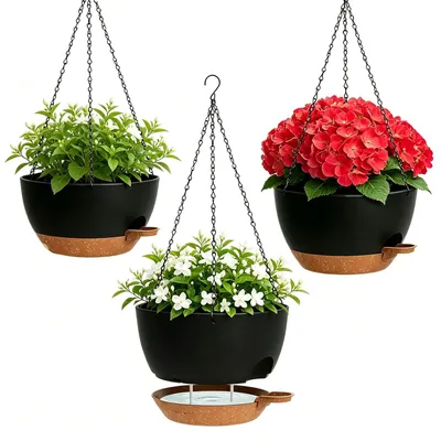 Image de Ensemble de 3 pots de fleurs suspendus avec système d'arrosage, couleur noire
