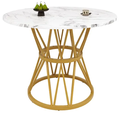 Produktbild von Flieks Esstisch für 4 Personen, Rundtisch 100x100x76 cm, Küchentisch mit marmorierte Tischplatte und Metallbeinen, gold