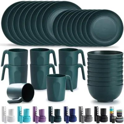 Produktbild von PromoHome® 32-teiliges Plastikgeschirr-Set – Unzerbrechliche Teller, Schüsseln und Becher – Mikrowellengeeignet, Spülmaschinenfest