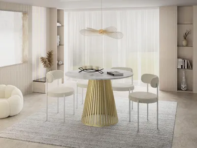 Produktbild von Esstisch Rund Ausziehbar mit Lamellen im Loft-Stil – 100 bis 180 cm – Industrieller Tisch mit Goldenen Metallbeinen, Platzsparend für Wohnzimmer oder Esszimmer – Marmor Weiß