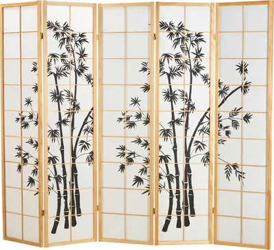 Image de Paravent Séparation de pièce 5 pièces, bois naturel, papier de riz blanc, motif bambou, hauteur 179 cm