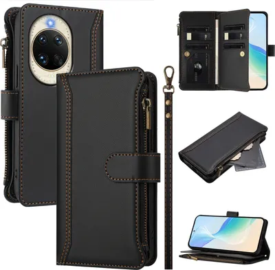 Obrázek produktu pro Pouzdro pro Huawei Nova 14, zipem, peněženkovéPolyuretankožené flip pouzdro s kapsami na karty, stojánkem a poutkem na ruku černý