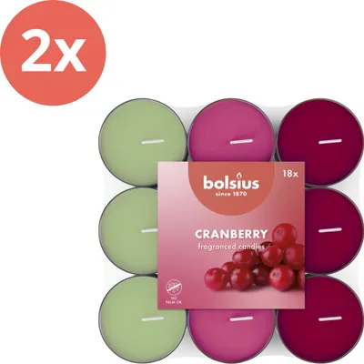 Obrázok produktu pre Bolsius - Vonná čajová sviečka - 18 kusov v balení - Brusnica - Hodnotné balenie - 36 kusov - 2 balenia