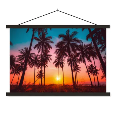 Produktbild von MuchoWow® Textilposter Palme - Sonnenuntergang - Horizont - Strand - Orange - Rosa 60x40 cm mit schwarzem Rahmen - Hölzernes