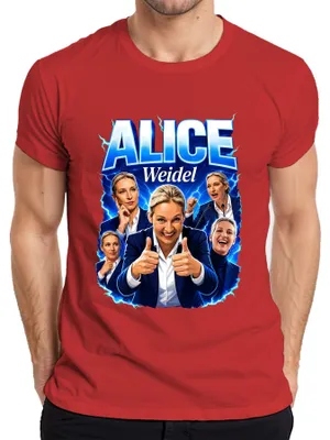 Zdjęcie produktu dla Koszulka męska, czerwona, rozmiar 3XL, z motywem Alice Weidel (AfD, Niemcy), patriotyzm, polityka, z elementami sarkazmu