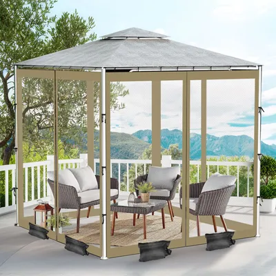 Image de Moustiquaire Outdoor pour pavillon & balcon, filet pour parasol en 4 parties avec fermeture éclair, sac de transport & sac à poids inclus, vert olive, 300 x 300 cm