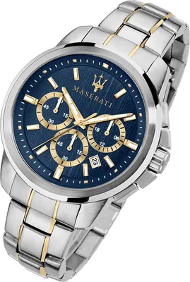 A close-up studio shot of a Maserati chronograph watch with a blue dial and a two-tone stainless steel and gold bracelet.