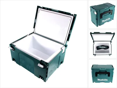 A collage of images showing a teal Makita cooler box from different angles, including open and closed views.