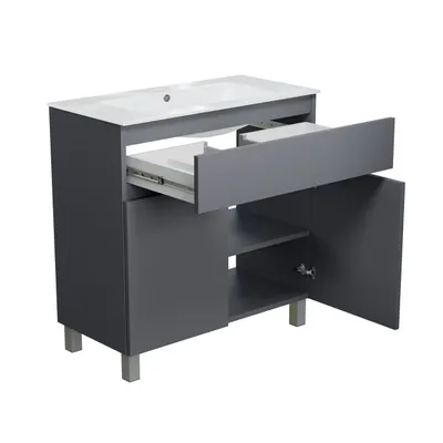 A gray bathroom vanity with a white sink, one drawer pulled out, and two doors open, revealing shelves. The vanity is shown against a white background.