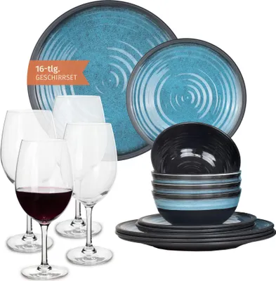 Image de Mélamine Vaisselle de camping Set 4 personnes Stone Blue + 4 verres à vin rouge Tiamo Verres à vin rouge Vaisselle de pique-nique BBQ Vaisselle de cuisine