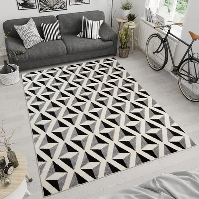 Produktbild von Teppich Wohnzimmer Schlafzimmer Kurzflor Modern Design Geometrisch Zick Zack Karo Kariert Schwarz Creme Grau  120 x 170 cm