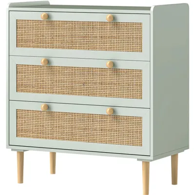 A light blue sideboard with three rattan-front drawers and wooden legs, shown against a white background.