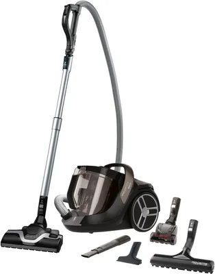 A vacuum cleaner and its accessories are displayed against a white background.