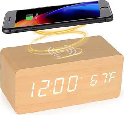 Produktbild von Hölzerne digitale Wecker Wireless Ladestation, 5 W schnelles Ladegerät iPhone/Samsung Galaxy, ohne zu ticken, Schlafzimmer, Zuhause, Büro