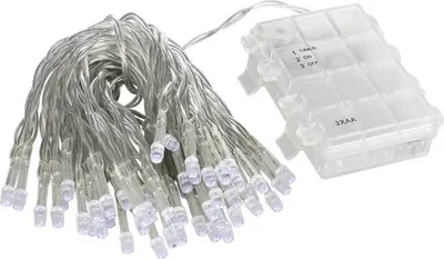 A string of battery-powered LED lights with a clear battery pack.