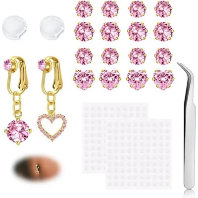 Image de Piercing nombril, modèle clip, en acier chirurgical, avec motifs papillon, cœur, lune et zirconium. Lot de 2, couleur argenté et doré