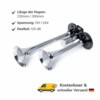 Produktbild von 12/24V Fanfare Edelstahl Zweiklang Drucklufthorn Chrom 125dB Hupe für LKW Auto