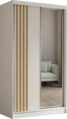 Image de Armoire Neli de 120 cm avec lamelles et miroir, 2 portes coulissantes incluses Armoire à portes coulissantes (couleur : blanc, blanc, lamelles Artisan)