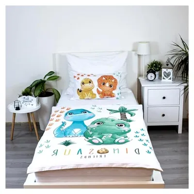 Produktbild von Bettwäsche für Kinder mit Dinosaurierdesign aus Baumwolle, geeignet für Betten 100x135 cm