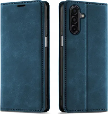 Produktbild von Hülle für Samsung A18 mit Magnetverschluss, dunkelblau, aus Leder + 9H-Glas