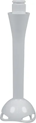 A white immersion blender attachment on a white background.