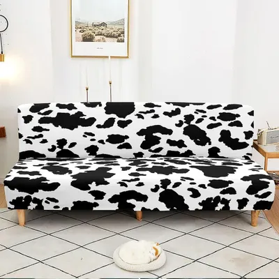 Produktbild von Dehnbarer Bezug für ein Schlafsofa ohne Armlehnen, Kuhmuster, rutschfestes Elasthan, Größe M (160-190 cm)