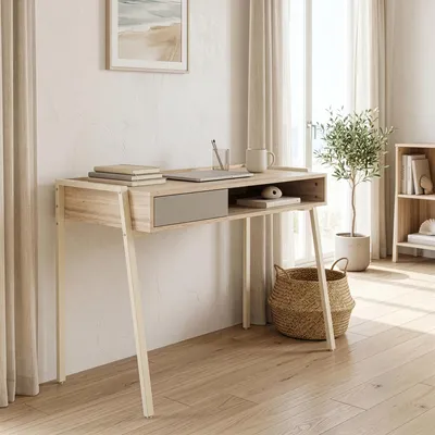 Immagine prodotto di Scrivania "Boderas" con vano aperto e cassetto, dimensioni 107 x 55 x 78 cm, struttura in metallo, colore beige/travertino