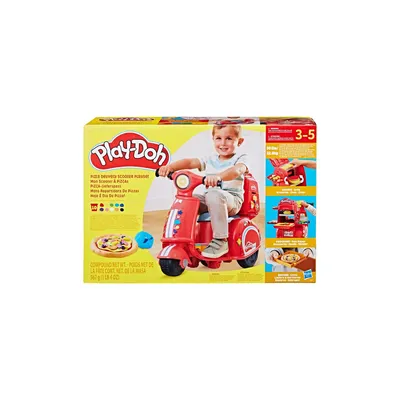 A box for a Play-Doh Pizza Delivery Scooter Set, featuring a child riding a red scooter.